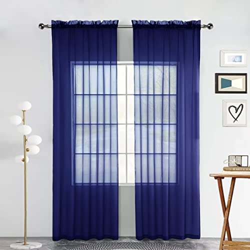 Sheer Voile Window Treatment Rod Pocket Curtain Panels for Kitchen Bedroom Living Room Drapes Sunlight Filtering Privacy Semi Home Decor Assorted Colors Sizes (Navy / 52"W x 84"L (Pack of 2))