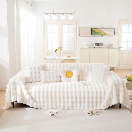 White Sofa Covers Dog Couch Cover Rabbit Plush L Shaped Couch Covers Faux Fur Sofa Slipcovers for 3 Seat Cushion Couches Shaggy Couch Cover Blanket Washable Thick Soft (71" x 118" / Z-plush:white)