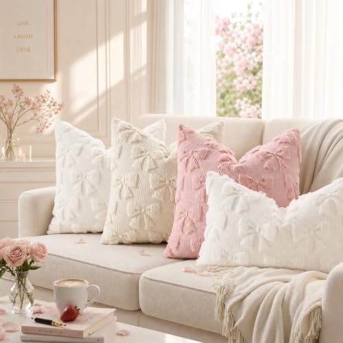 Beige Bow Cute Girl Faux Fur Throw Pillow Covers 20x20 Set of 2 (Beige Bow / 20" x 20" (Pack of 2))