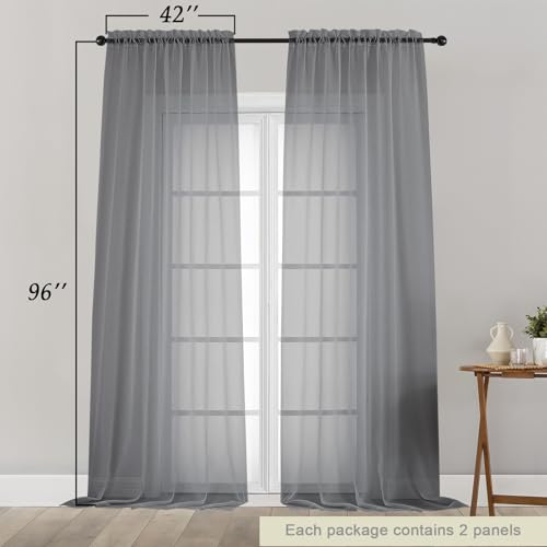 Grey Sheer Curtains for Bedroom Living Room 96 Inches Long 2 Panels (Grey / 42"W x 96"L (Pack of 2))