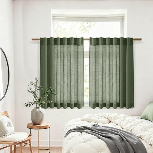 Short Linen Curtains 36 Inch Length for Kitchen Windows Over Sink Olive Green Light Filtering Back Tab and Rod Pocket Neutral Curtains for Cafe Basement 30 x 36 Inch (30"W x 36"L (Pack of 2) / Loden)