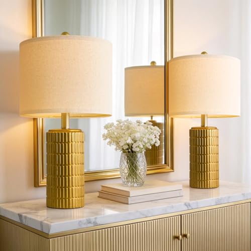 20.75" Brass Gold Ceramic Table Lamps Set of 2 for Living Room (Brass Gold)