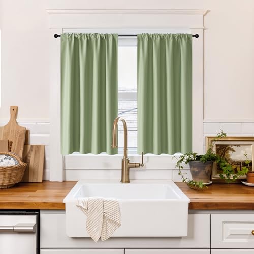 100% Blackout Short Curtains for Small Window (100% Blackout - Sage Green / 42"W x 45"L (Pack of 2))