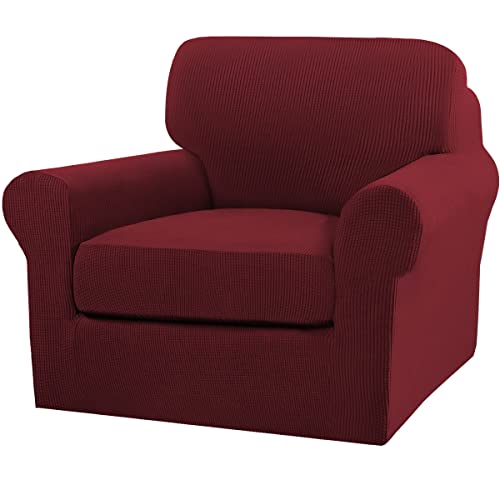 2 Piece Chair Covers Chair Slipcovers for Living Room Armchair Couch Cover Chair Sofa Cover with Individual Cushion Covers Furniture Cover for Chairs Feature Thick Fabric (Armchair (1 Cushion) / Burgundy)