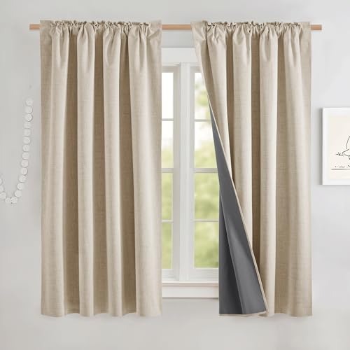 100% Black Out Curtains 63 inch Long for Kitchen 2 Panels (Beige / 52"W x 63"L (Pack of 2))