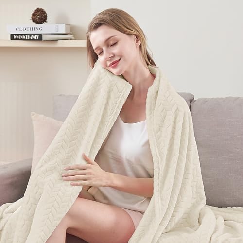 Cream White Fleece Throw Blanket for Couch (Cream White / Throw/Travel-50x60 IN)
