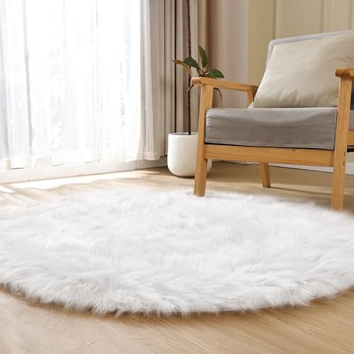 White Fluffy Faux Sheepskin Washable Fur Round Rug 5ft Nursery Rugs for Bedroom Plush Boho Circle Rug for Living Room Teen Room Décor (5' (Round) / White)