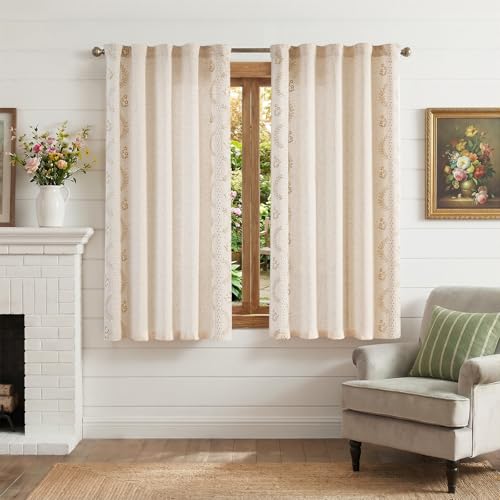 Beige Floral Linen Kitchen Tier Curtains 50x54 Inch 2 Panels (A| Beige / 50"W x 54"L (Pack of 2))