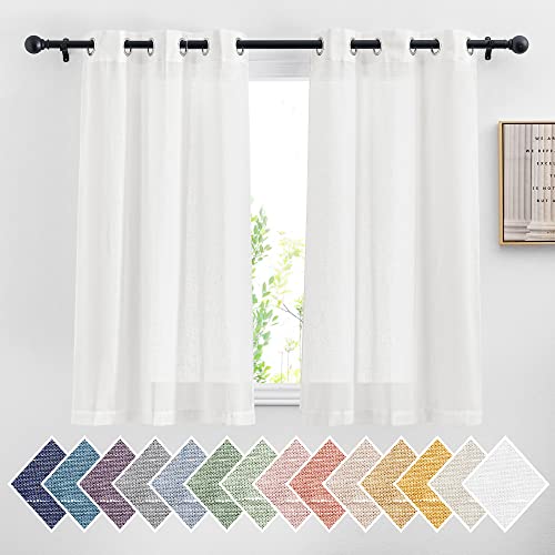 Linen Sheer Short Curtains 48 inch Length 2 Panels for Kitchen (36"W x 48"L (Pack of 2) / White)