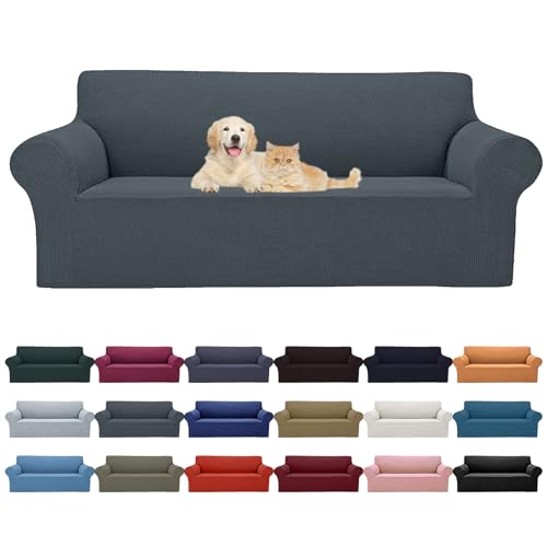 2026 New Stretch Oversized Sofa Slipcovers Couch Sofa Cover for 4 Seater Furniture Protector Covers with Elastic Bottom Jacquard Fabric Small Checks for Pets (Grey / Oversized Sofa)
