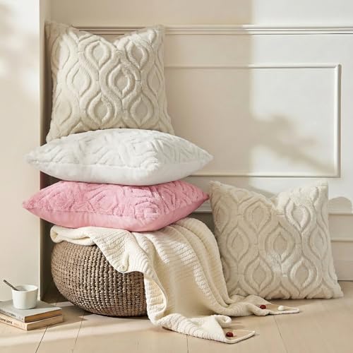 Faux Fur Plush Soft Beige Throw Pillow Covers 24x24 Set of 2 (24" x 24" (Pack of 2) / Beige)