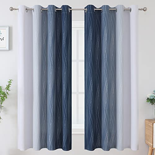 Navy Blue and Greyish White Blackout Curtains for Boys Bedroom 63 Inch Long (Navy Blue and Greyish White / 52"W x 63"L (Pack of 2))