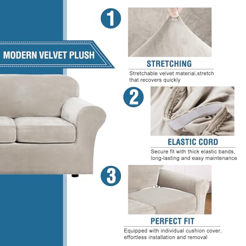 Rich Polyester Spandex Blend 2 Piece Cover Chair Slipcover Sofa Cover Furniture Protector Couch Soft with Elastic Bottom Chair Couch Cover with Arms Width Up to 49 Inch (1 Cushion Chair / Oatmeal)