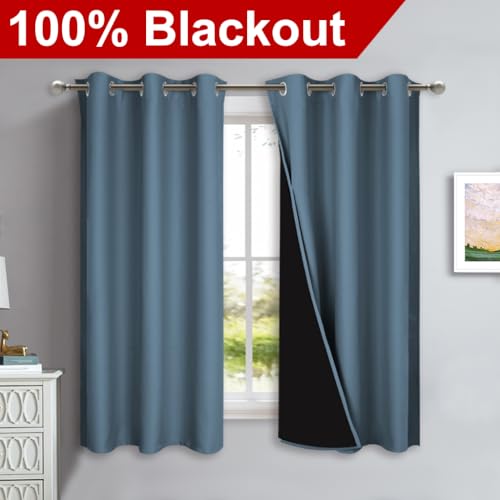 100% Blackout Short Curtains with Black Liners (Smoky Blue / 37"W x 50"L (Pack of 2))