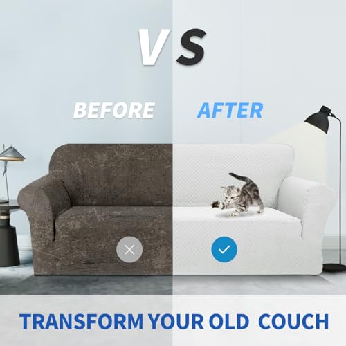 1 Piece Jacquard Couch Covers for 3 Cushion Couch Living Room High Stretch Sofa Cover Pets Dogs Friendly Anti Slip Thickened Slipcovers Furniture Protector (Large (71"-90") / White)