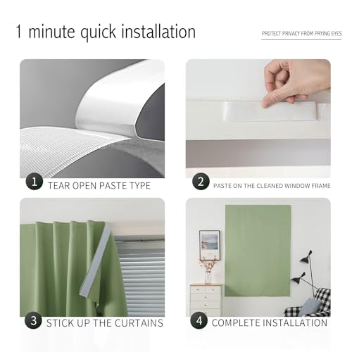 Magic Tape Blackout Curtains for Bedroom No Drillng Self Adhesive Curtains No Rod Small Window (59"W x 84"L (Pack of 1) / Sage Green)