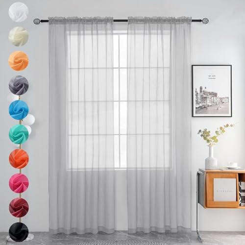 Solid Sheer Rod Pocket Curtain Voile Draperies 2 Panels White Beige Black Grey Ivory 52 Inch Width 108 Inch Long 1 Pair for Kitchen Bedroom Children Living Room Yard (Silver Grey / 52"W x 108"L (Pack of 2))