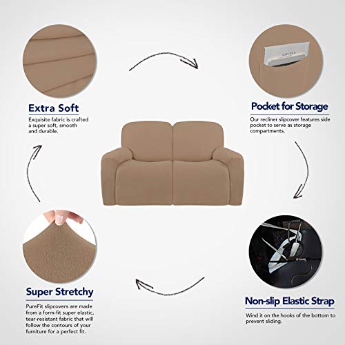 Super Stretch Loveseat Recliner Sofa Couch Cover with Pocket (Medium Recliner Loveseat / Camel)