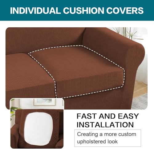 4 Piece Sofa Covers for 3 Cushion Couch Sofa Slipcover Soft Couch Cover for Dogs Washable Furniture Cover with 3 Individual Large Cushion Covers Feature Fabric (L Sofa (3 Cushion) / Caramel)