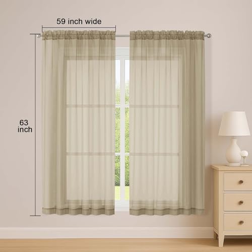 Taupe Sheer Curtains 63 Inch Long 2 Panels for Living Room 59" Wide (Taupe / 59"W x 63"L (Pack of 2))