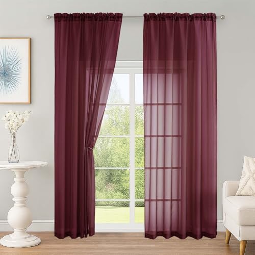 Burgundy Sheer Curtains 90 Inches 2 Panels for Living Room 59" Wide (Burgundy Wine / 59"W x 90"L (Pack of 2))