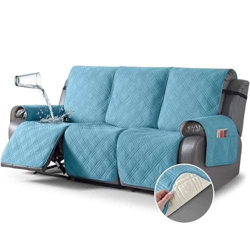100% Waterproof Recliner Sofa Covers 3 Seater Split Couch Covers for 3 Cushion Reclining Couch with Straps (Sky Blue / 3 Seater Standard)