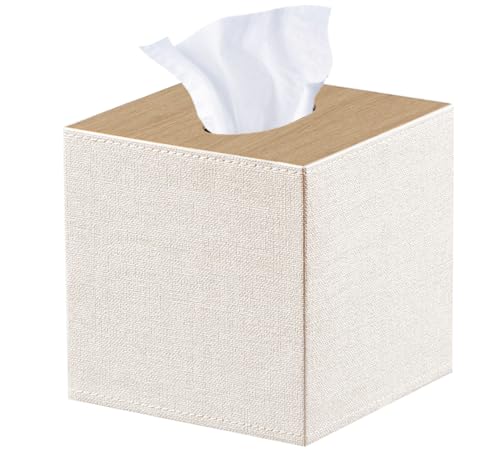 PU Leather Tissue Box Cover Square (Beige+wood / Large)