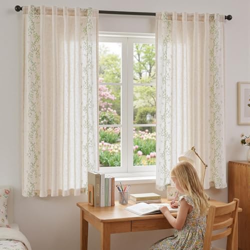 Floral Linen Curtains 63 Inch Farmhouse Back Tab 2 Panels (Vine | Sage / 50"W x 63"L (Pack of 2))