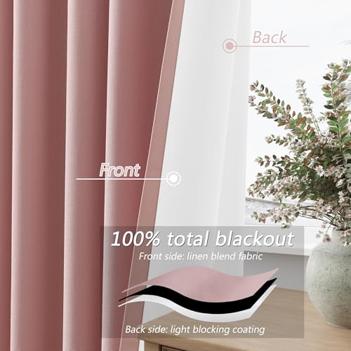 Pink 100% Blackout Linen Curtains 120 Inch 2 Panels Set for Girl's Bedroom (Pink / 52"W x 120"L (Pack of 2))