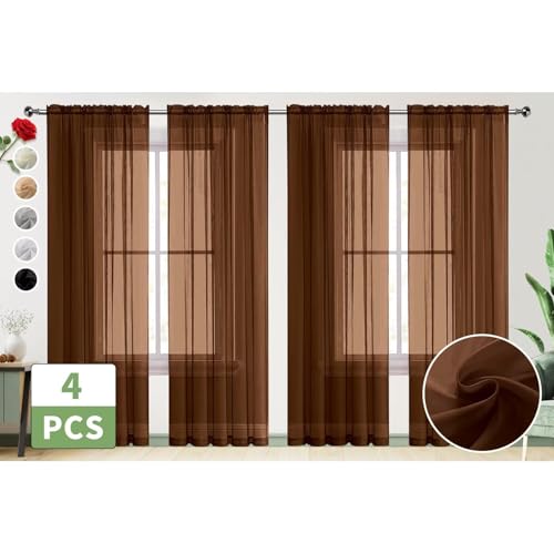 Brown Sheer Curtains 4 Panels Rod Pocket Semi (Brown / 52"W x 45"L (Pack of 4))