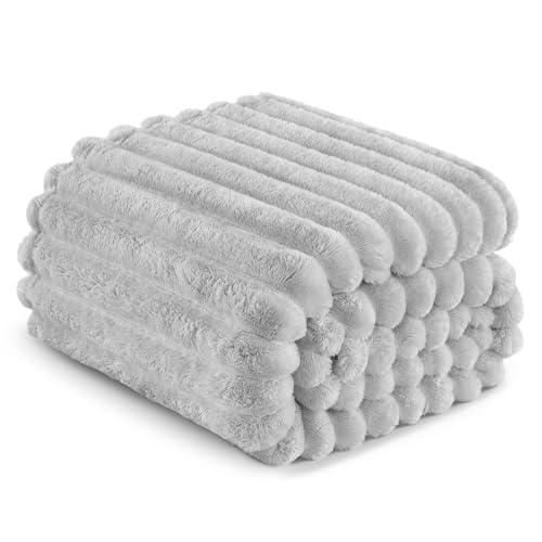 Striped California King Size Fleece Blanket for Bed (Light Grey / Cal King ( 120x120 IN ))