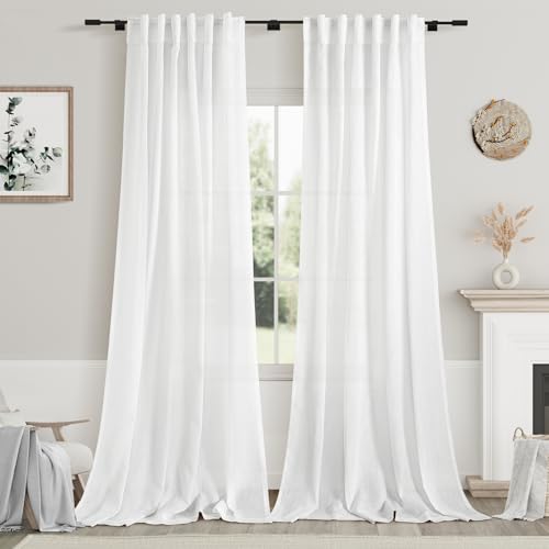 White Linen Curtains 96 Inches Long 2 Panels Set Back Tab Rod Pocket Semi Sheer Light Filtering Window Curtain Drapes Neutral Modern Aesthetic Long Curtains for Living Room Bedroom Decor 42x96 (42"W x 96"L (Pack of 2) / White)