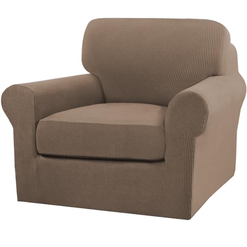 2 Piece Chair Covers Armchair Slipcovers for Living Room Armchair Sofa Cover with Individual Cushion Covers Feature Jacquard Fabric (Armchair (1 Cushion) / Macchiato)