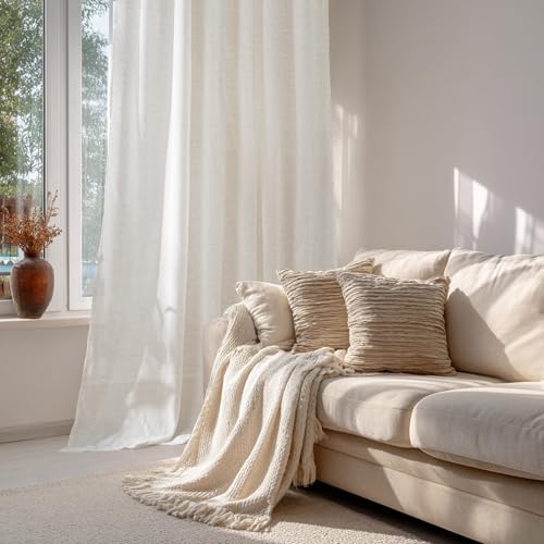 Linen Semi Sheer Curtains for Bedroom Living Room 95 inches Long (Ivory / 52"W x 95"L (Pack of 2))