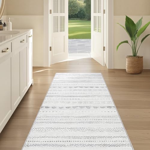 Boho 2x6 Runner Rug Machine Washable Rugs Non Slip Gray (Boho Grey / 2' X 6' (Runner))