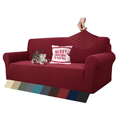 1 Piece Jacquard Couch Covers for 3 Cushion Couch Living Room High Stretch Sofa Cover Pets Dogs Friendly Anti Slip Thickened Slipcovers Furniture Protector (Large (71"-90") / Wine Red)