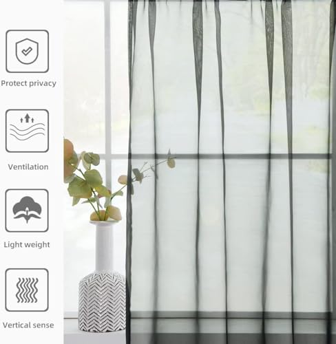 Solid Sheer Rod Pocket Curtain Voile Draperies 2 Panels White Beige Black Ivory Coffee 26 Inch Width 40 Inch Long 1 Pair for Kitchen Bedroom Children Living Room Yard (Black / 26"W x 40"L (Pack of 2))