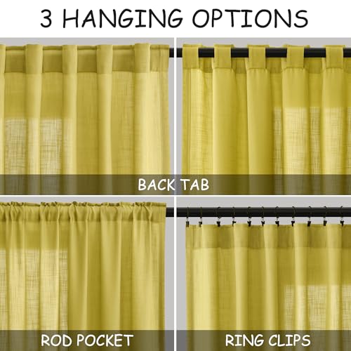 Celery Yellow Linen Curtains 84 Inch Length 2 Panels Set for Living Room Back Tab Light Filtering Semi Sheer Curtain for Bedroom Farmhouse Drapes (52"W x 84"L (Pack of 2) / Celery Yellow)