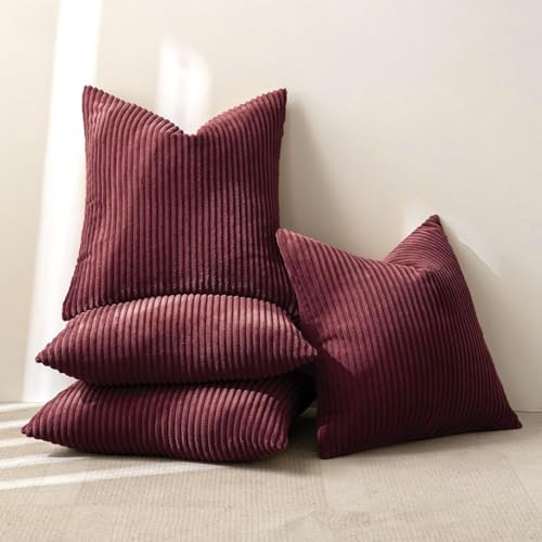Soft Corduroy Decorative Throw Pillow Covers Burgundy 18x18 (18" x 18" (Pack of 4) / Burgundy)