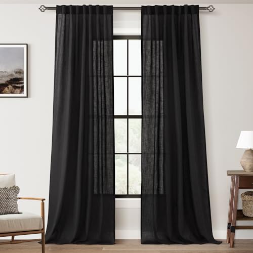 Black Linen Curtains 84 inches Long for Bedroom Back Tab Light Filtering Privacy Semi Sheer Black Curtains Living Room Boho Rustic Farmhouse Cotton Textured Gauze Curtain 2 Panel Set (Black / 52"W x 84"L (Pack of 2))