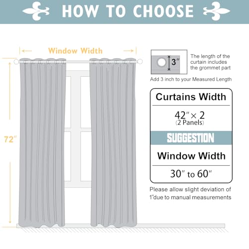 100% Blackout Curtains for Bedroom 72 Inch Long with Black Liner (42"W x 72"L (Pack of 2) / Light Grey)