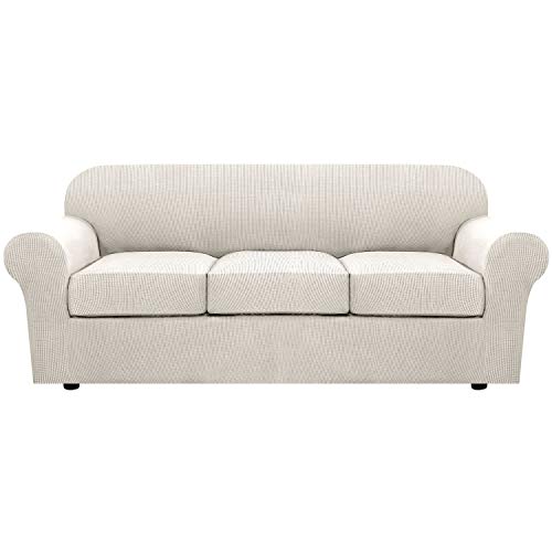 4 Piece Stretch Couch Covers for 3 Cushion Couch Sofa Furniture Slipcovers Feature Upgraded Thicker Jacquard Fabric (Large / Ivory)
