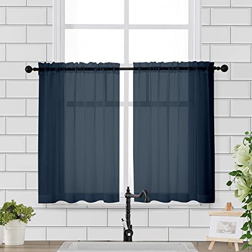 Sheer Window Curtains Tier 2 Pieces Set (Navy Blue / 42"W x 36"L (Pack of 2))