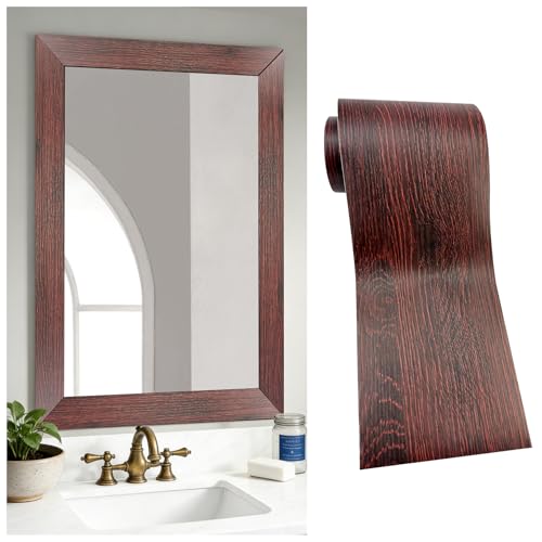 32FT Peel &Stick Wood Grain Wallpaper Border Removable Waterproof Bathroom Mirror Frame Sticker (Red / 3.93" x 393.6")