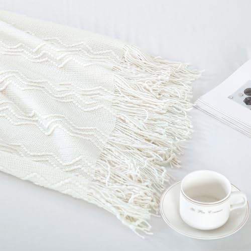 Off White Throw Blanket 50x60Inch Boho Knit Soft Throw Sofa Blanket (Off White / 50"x60")