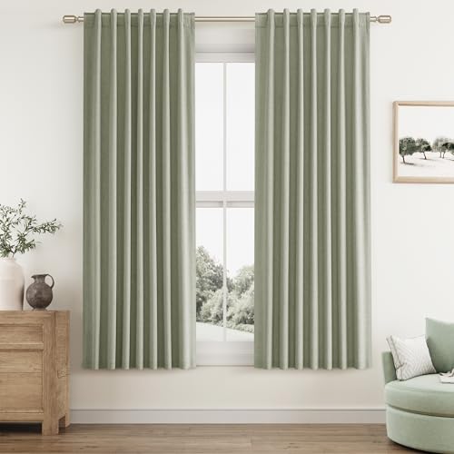 Sage Green 100% Blackout Curtains 63 Inch Length 2 Panels Set for Living Room Bedroom Back Tab Thermal Insulated Black Out Linen Drapes Room Darkening Window Curtains 63 Inches Long (Sage Green / 52"W x 63"L (Pack of 2))