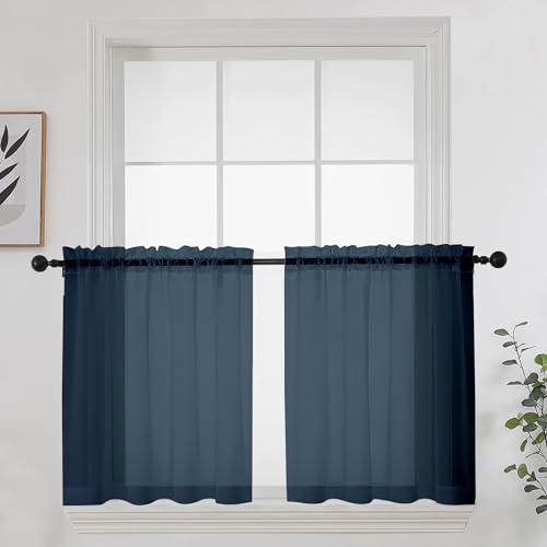 Short Sheer Curtains 24 Inches Long 2 Panels for Bathroom Window (Navy Blue / 42"W x 24"L (Pack of 2))