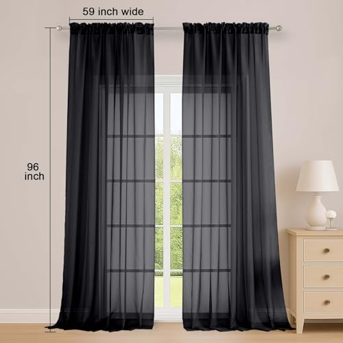 Black Sheer Curtains 96 Inch Long 2 Panels for Living Room 59" Wide (Black / 59"W x 96"L (Pack of 2))