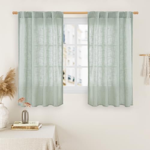 Small Window Linen Curtains 45 Inch Length for Bedroom (Light Sage / 34"W x 45"L (Pack of 2))