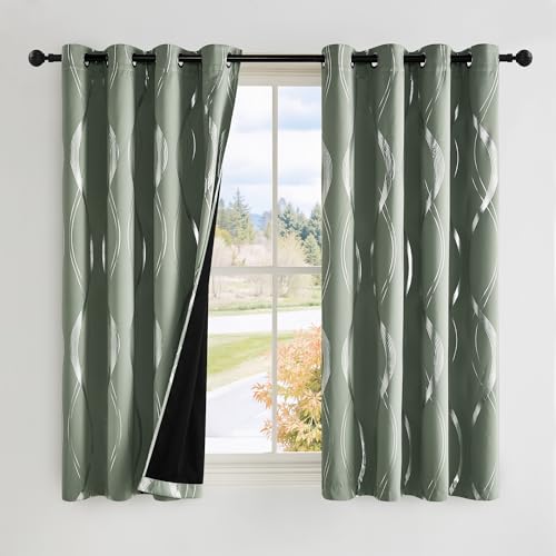 100% Blackout Print Curtains 63 inch Long (100% Blackout - Greyish Green / 52"W x 63"L (Pack of 2))